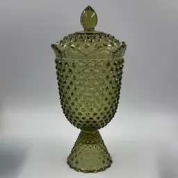 Vintage 50s 60s Fenton Lidded Candy Dish Colonial Green Hobnail Design With A Ruffled Style Rim