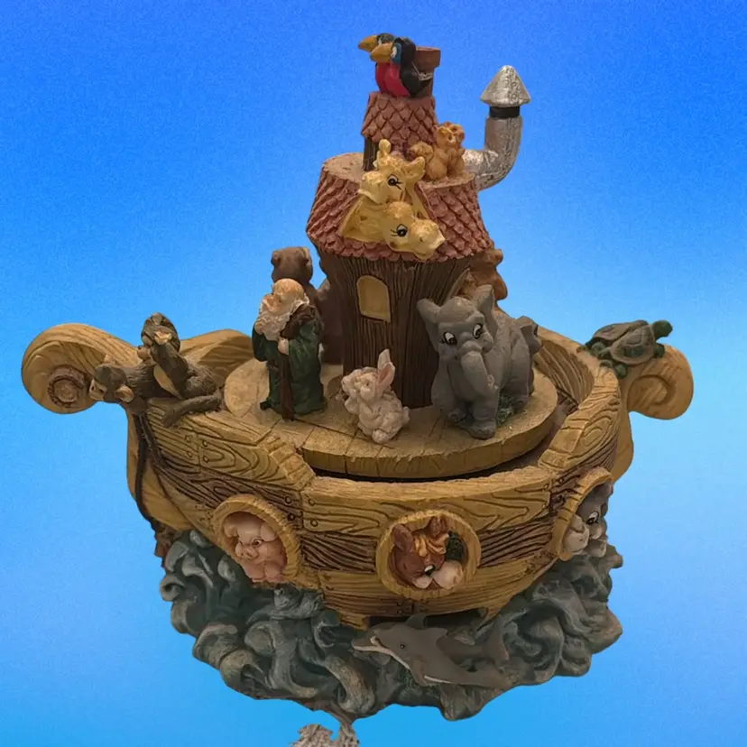 Noah's Ark Music Box " It's A Small World" With Dolphins Moving And Top Spins* Tail Broke On Monkey