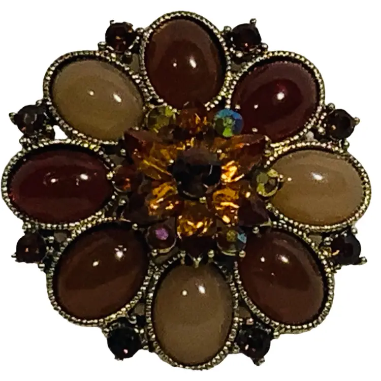 Vintage Multi Color Brown Gold Tone Round Flower Or Star Pin Brooch Pendant 2”