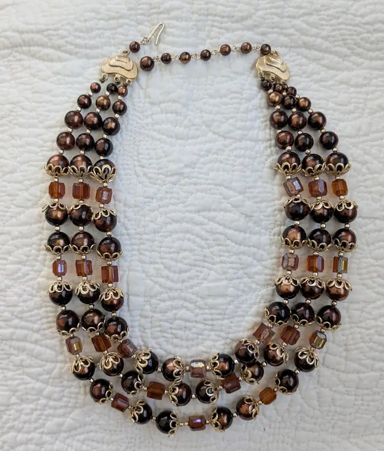 Midcentury Triple Strand Necklace in Shades of Brown with Faux Pearl and Glass Beads, Japan