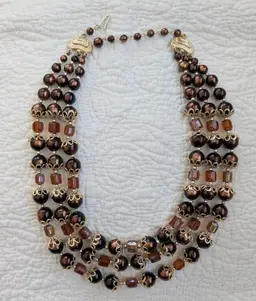 Midcentury Triple Strand Necklace in Shades of Brown with Faux Pearl and Glass Beads, Japan