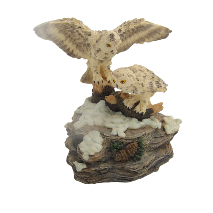Resin Mother and Baby White Owl Wind Up Music Box