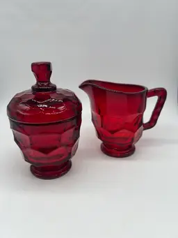 Vintage Viking Glass Honeycomb Georgian Ruby Red Creamer & Covered Sugar Set