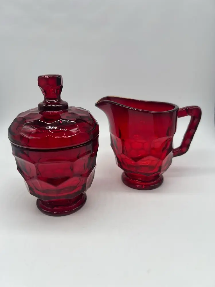 Vintage Viking Glass Honeycomb Georgian Ruby Red Creamer & Covered Sugar Set
