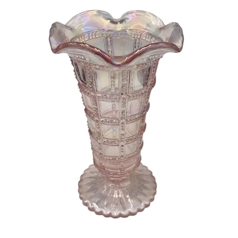 Vintage Imperial Glass Vase, 6", Beaded Block Pink Iridescent/Carnival, Ruffled