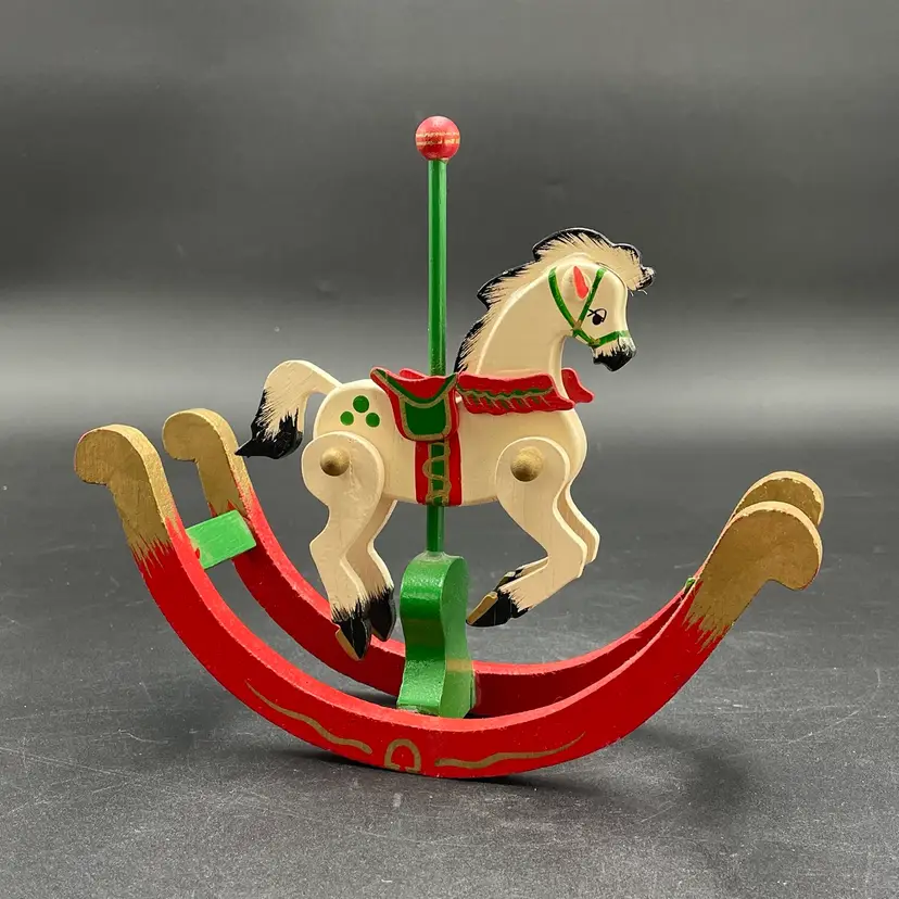 Wooden Jointed Rocking Horse Christmas Holiday Decor VTG Figurine Original Box
