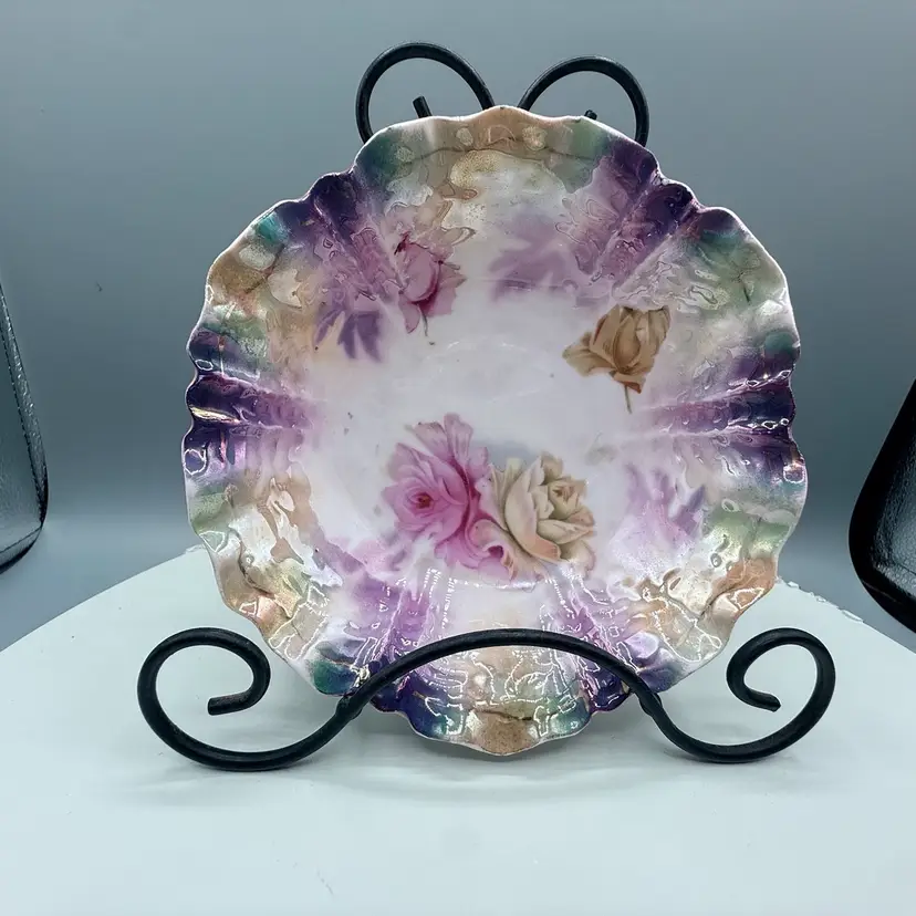 Antique R.S. Prussia (Red Mark) Ruffled Bowl - Hand Painted Roses, Iridescent Purple & Gold 5 1/2”x 1 1/2”