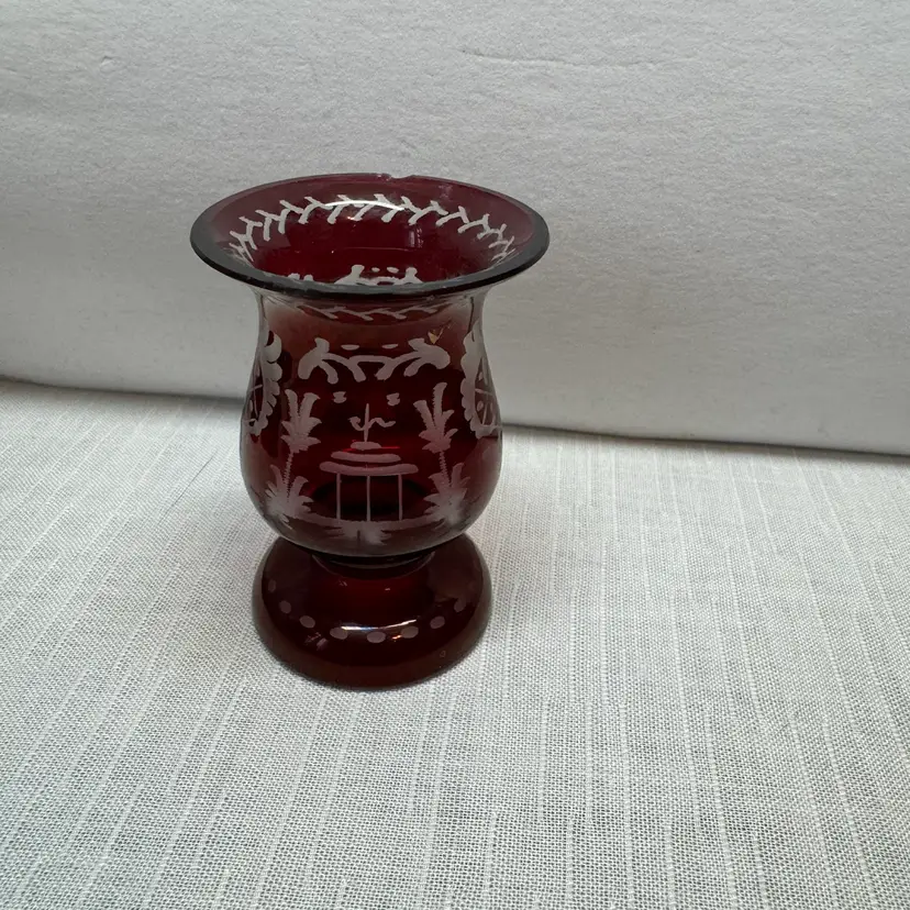 Antique Egermann ruby red cut-to-clear etched glass vase.