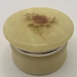 Vintage 2 1/2” Alabaster Trinket Box, Made In Italy, Hinged Lid With Rose