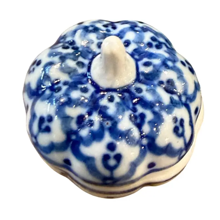 Handcrafted Thailand Blue White Porcelain Pumpkin Flower Leaves Vintage Trinket Dish
