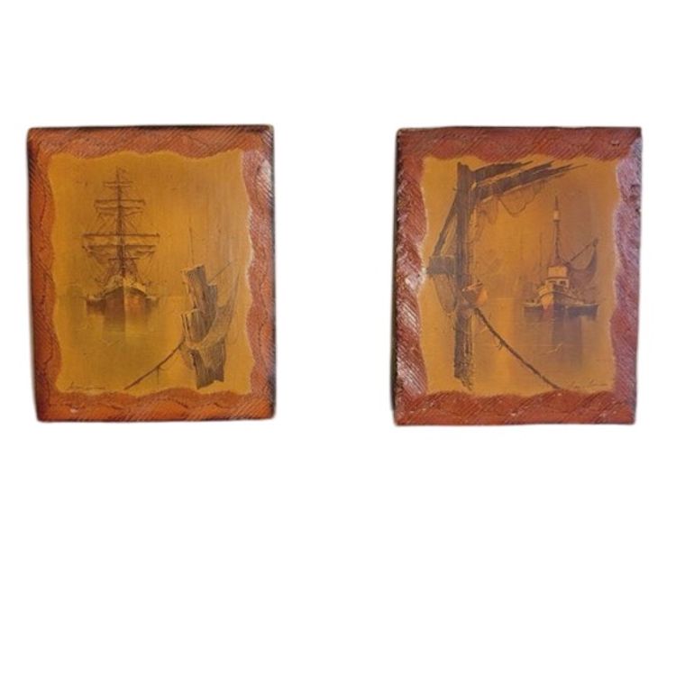 Set of 2 Vtg Andres Orpinas Ships on Carved Wood Slab; fisherman core/country