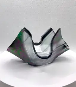 Artist Signed iridescent studio art glass handkerchief bowl vase