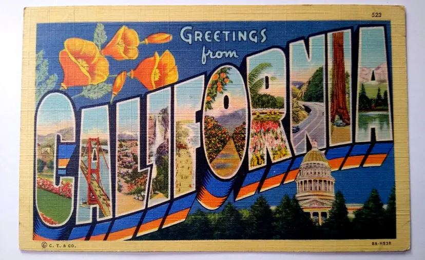 Greetings From California Large Letter Linen Postcard Curt Teich 1940's Yellow