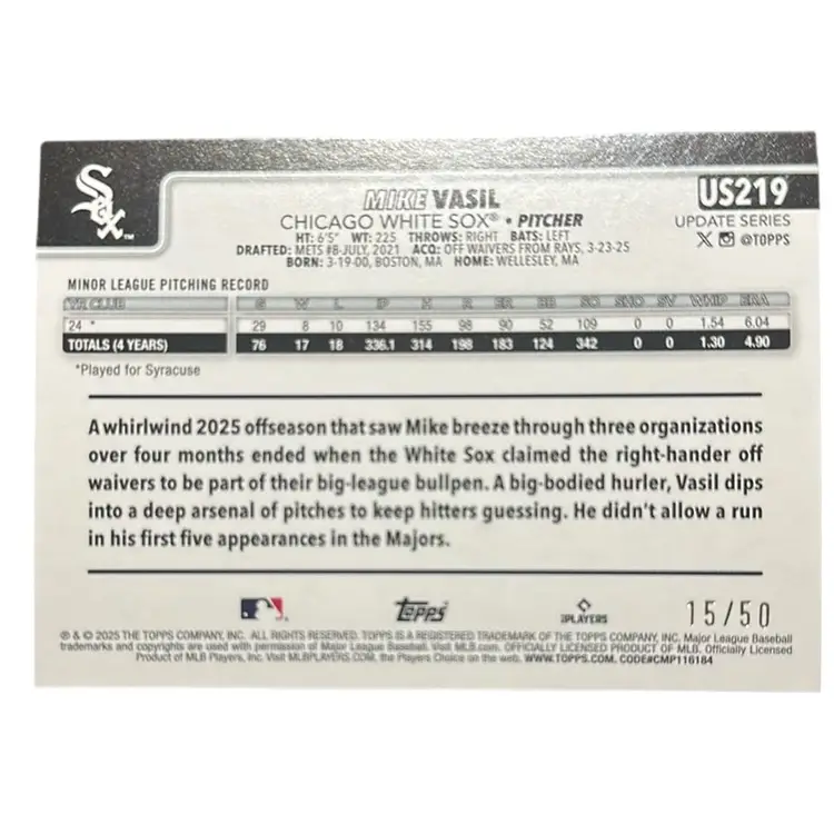 Mike Vasil 2025 Topps Update Series Gold Foil RC 15/50