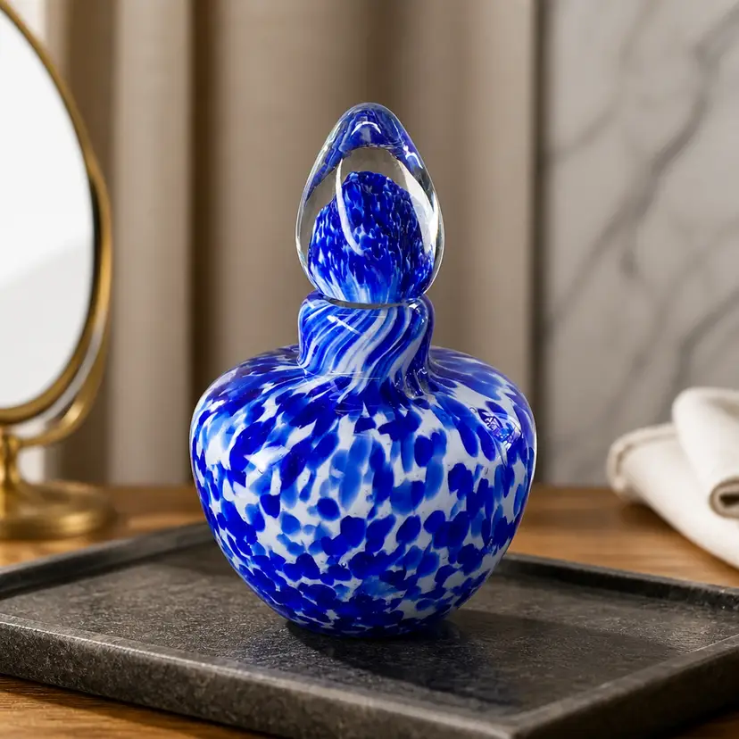 Blue and White Murano Glass Perfume Bottle w/ Stopper, 4.75"