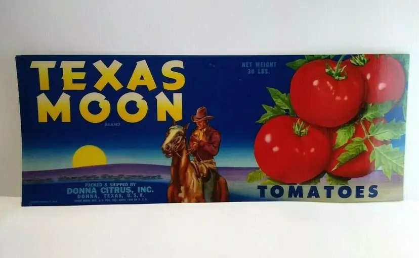 Texas Moon Western Cowboy Horse Sunset Tomato Crate Label Vintage Original 1940