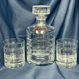 NIB Vintage Ralph Lauren Hudson Plaid Crystal Decanter & Two Glass Set