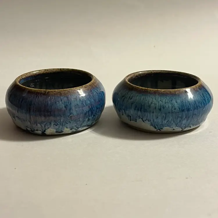 Blue Ridge VA Pottery Signed Blue Drip Crackle Glass Votive Ring Dish Air Plant