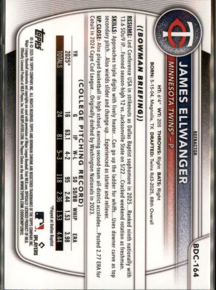 2025 Bowman Draft #BDC-164 James Ellwanger Chrome Refractor - (138) - Minnesota Twins