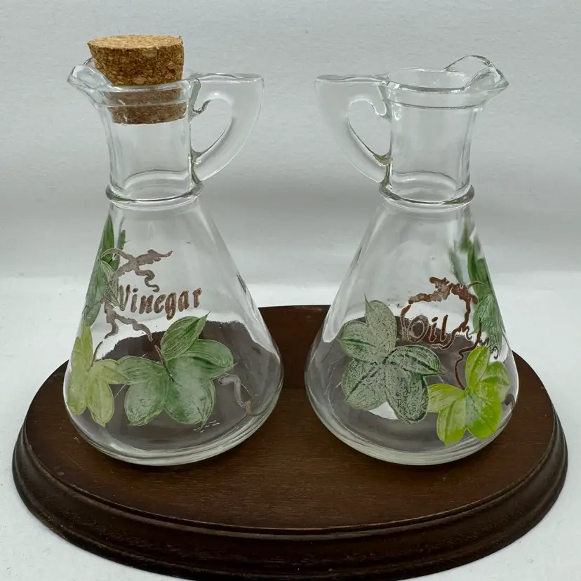 Hazel Atlas Ivy Oil And Vinegar Bottles, Design Is Faded, Only One Cork
