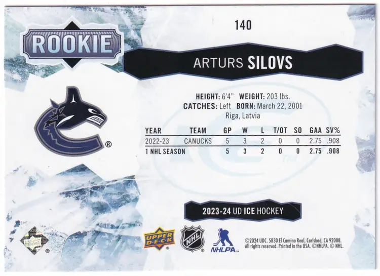 2023-24 Upper Deck Ice Green #140 Arturs Silovs Vancouver Canucks Hockey Card