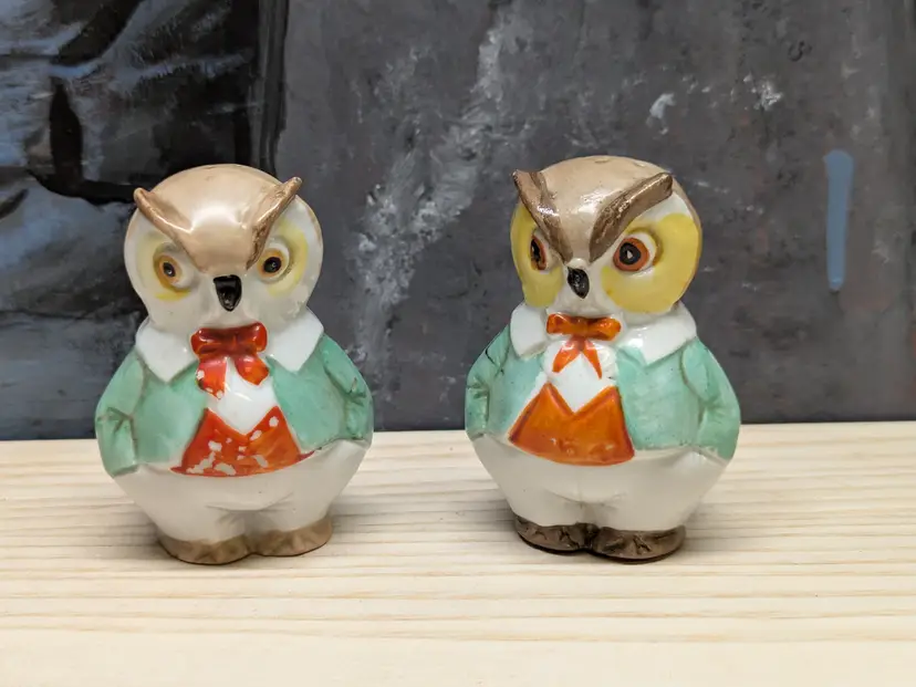 Vintage Owl Salt Pepper Shakers Distinguished In Suits Germany Anthropomorphic  3" Kitsch 40s 50s