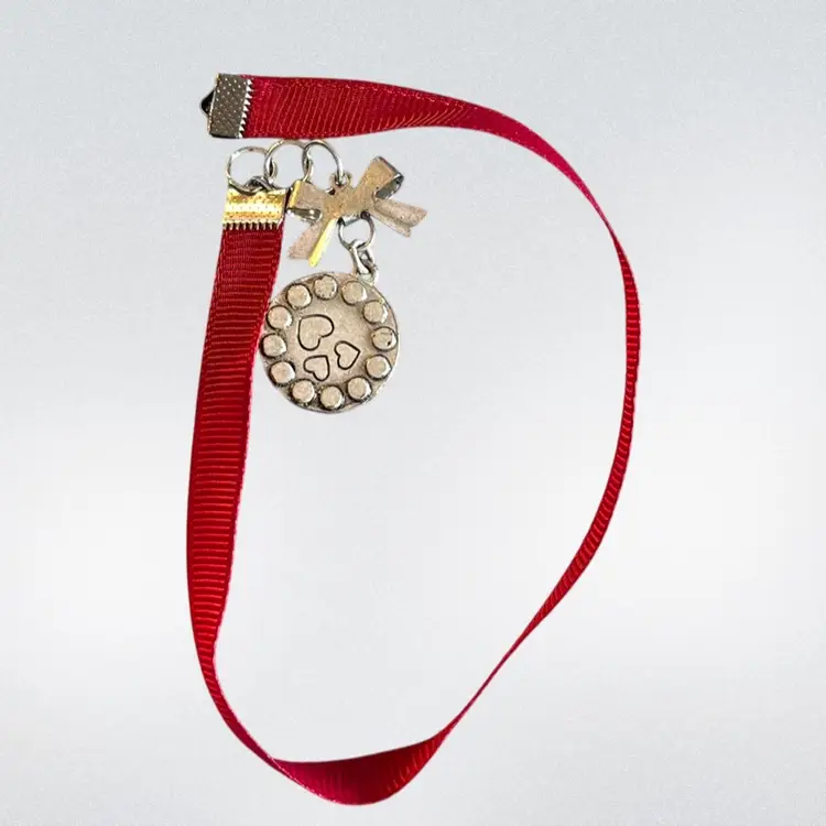 #02 - Silver Tone Book Mark Red Ribbon Hand Made