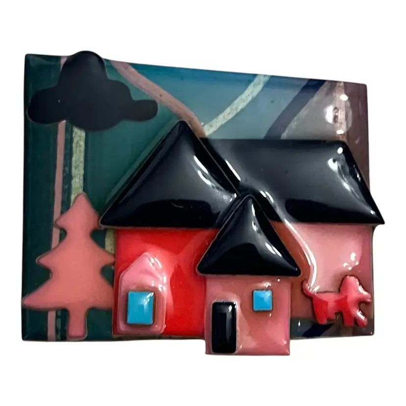 Vintage House Pin By Lucinda Yates Depicting A Red House Encased In Resin Dog 2”