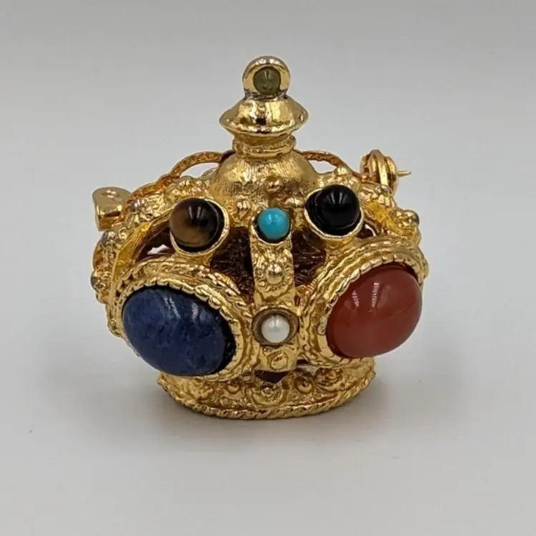 Vintage Small Crown Gold Tone Semiprecious Gemstones/Glass Cabochons Brooch