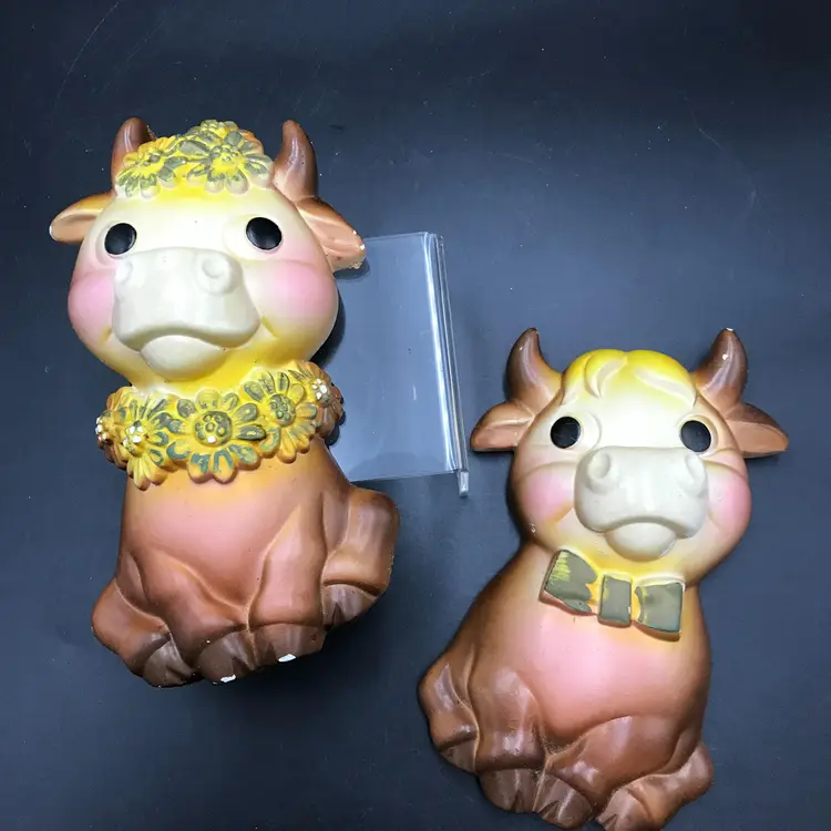 Vintage Miller Studio Chalkware Happy Cow & Bull Daisy Flower Wall Decor 1973