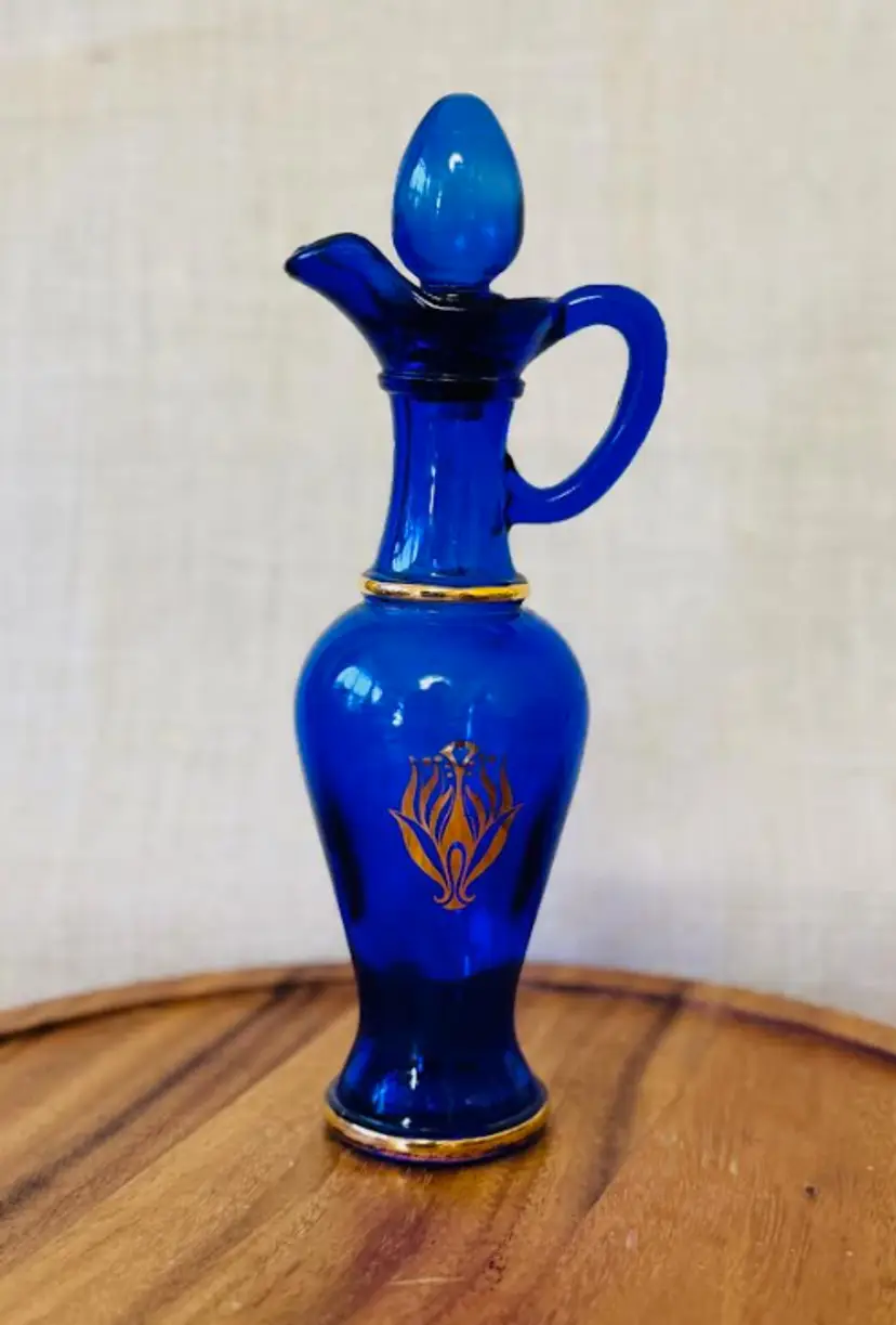 #01 - Vintage 9" High Cobalt Blue Glass Avon Bottle Decanter "Skin So Soft" Gold Trim