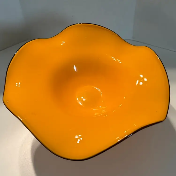 Vintage Ruffled Tango Bowl Dish Orange Art Glass Pedestal Centerpiece Catch All Console Bowl