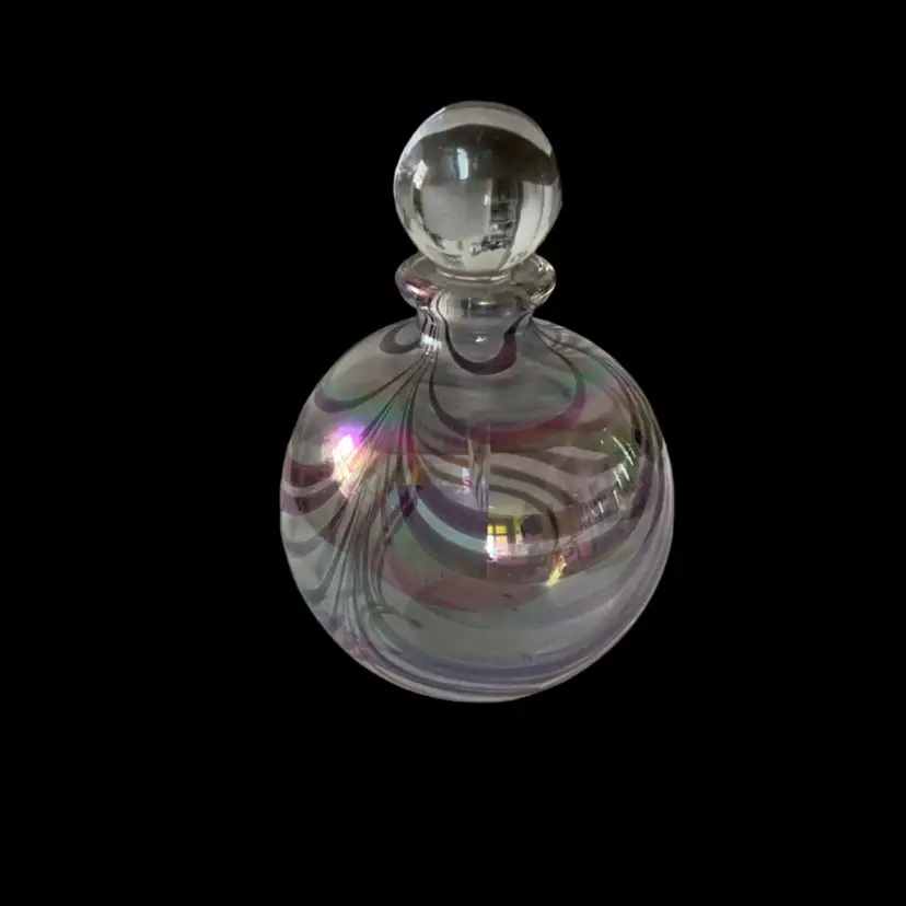 Vintage Silvestri? Clear Iridescent Art Glass Perfume Bottle 4.5” x 3.25”