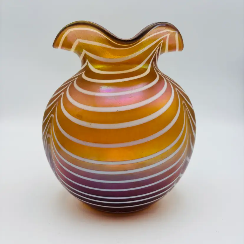 Antique Poschinger Glass Art Nouveau Iridescent Glass Vase Pulled Feather Loop