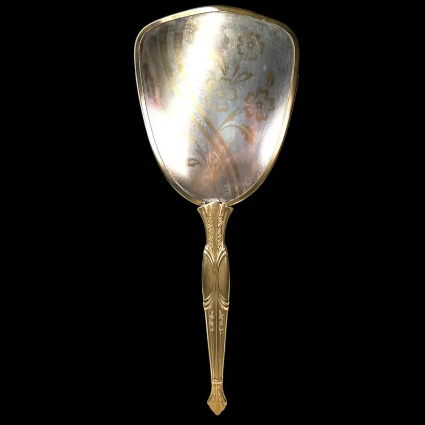 10K Gold Vintage 13” Handheld Vanity Mirror With Floral & Ribbon Design. Ornate Scrollwork On Handle.