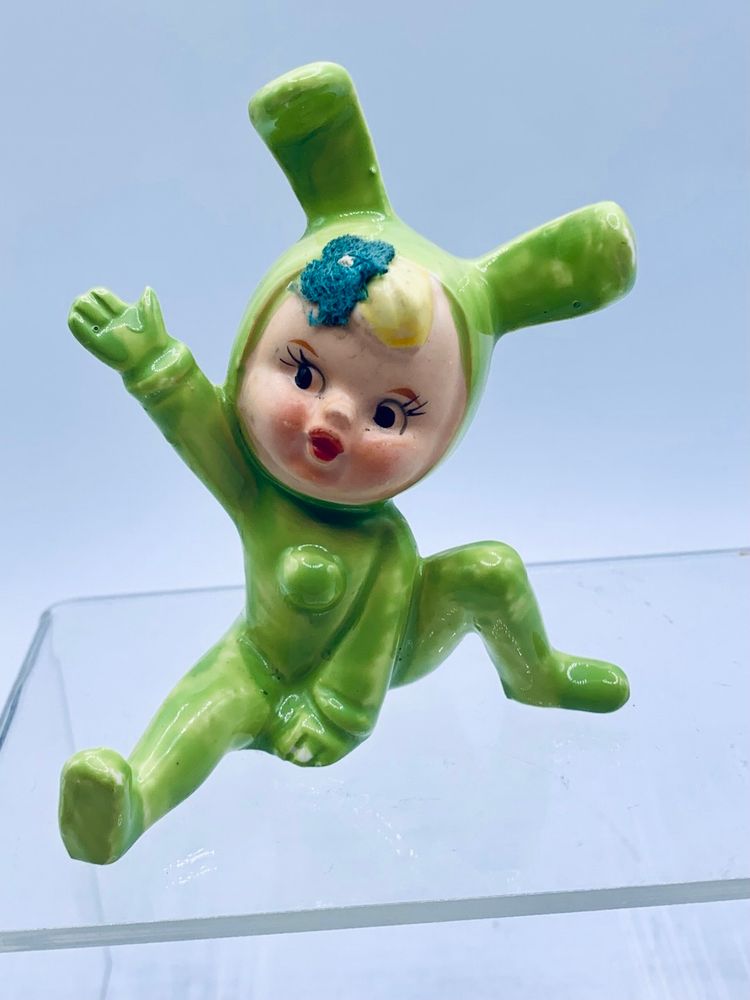 Vintage Easter Bunny Pixie Kitschy Baby Bright Green Figurine Anthropomorphic