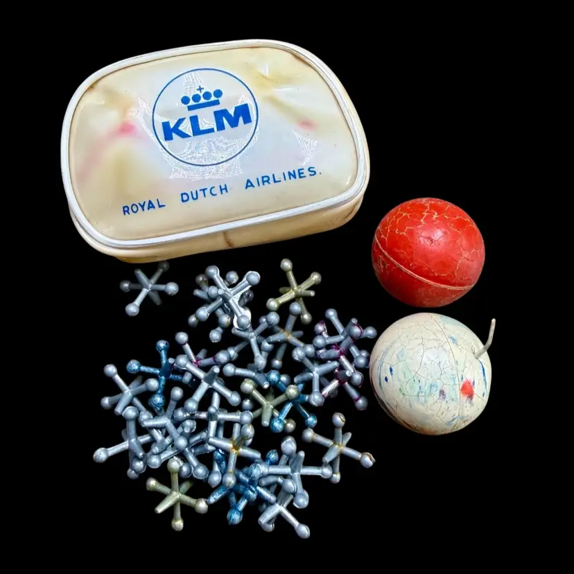 Vintage KLM Royal Dutch Airlines Metallic Jacks Toy Game, Zipper Pouch READ