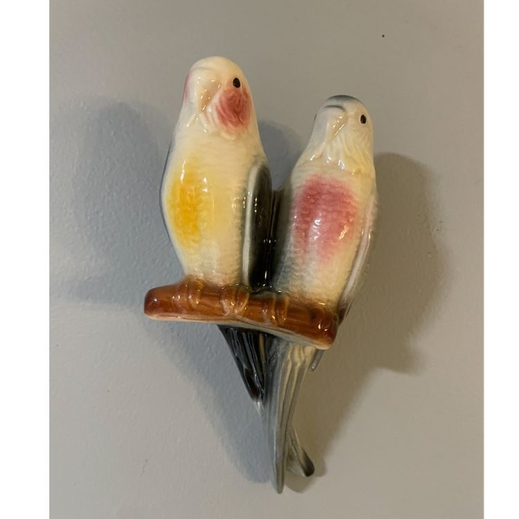 Vintage Royal Copley Pottery Parakeet Pair Wall Pocket Vase Gray w Pink Yellow
