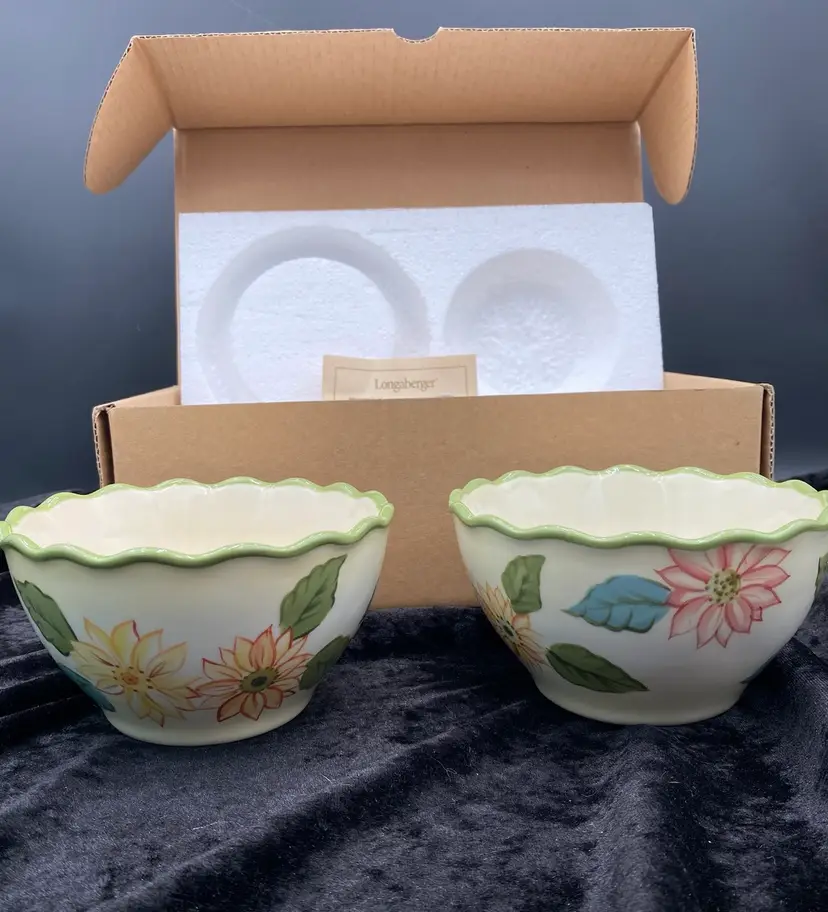 Set of 2 - Longaberger Pottery #31606 Stoneware Sunflower Salad Bowls, NIB