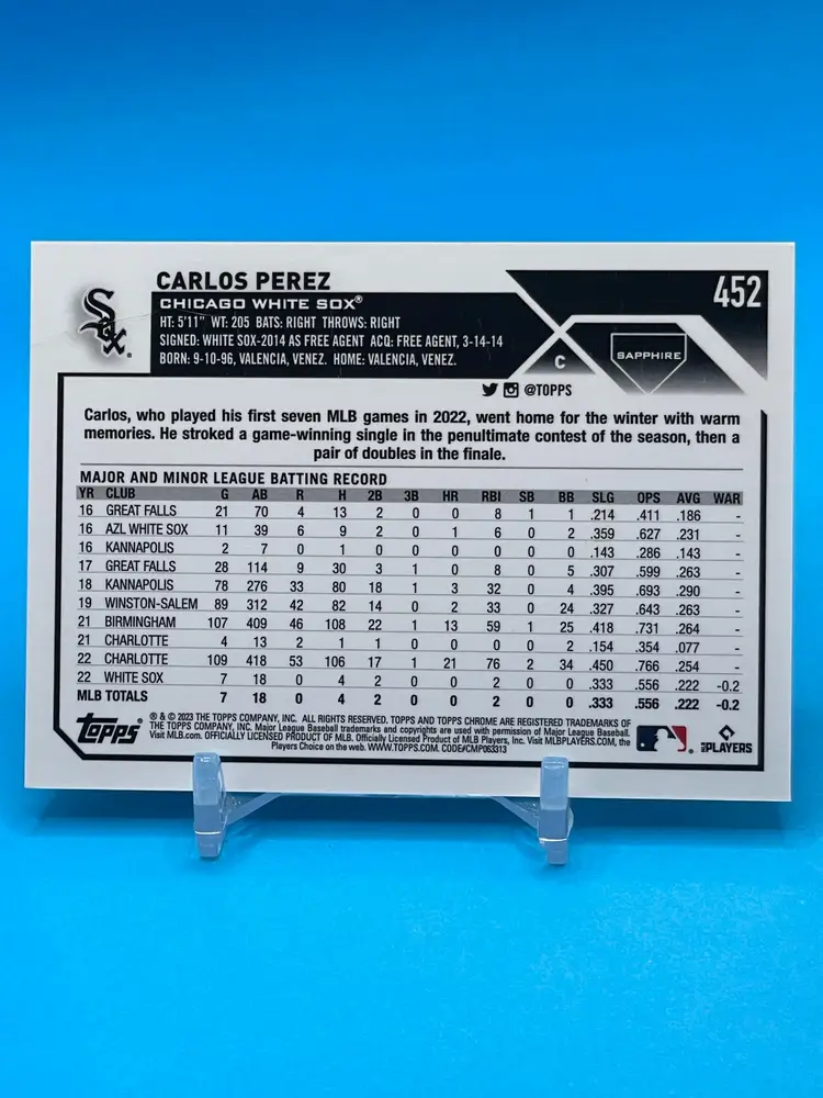 2023 Topps Chrome Sapphire Gold Refractors #/50 Carlos Perez RC Rookie Chicago White Sox