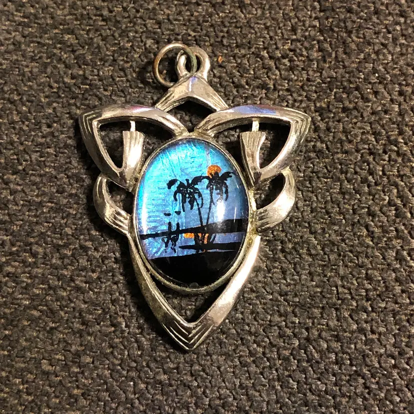 Vintage Morpho Butterfly Wing Tropical Beach Necklace Pendant