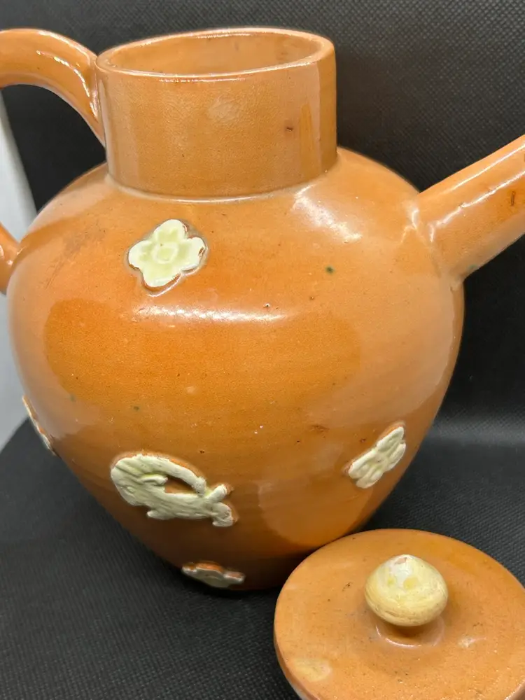 Swedish Terracotta Teapot Brown Glazed with Goat Pattern