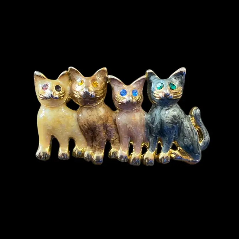 4 Cat Brooch With Rhinestone Eyes 2” X 1”