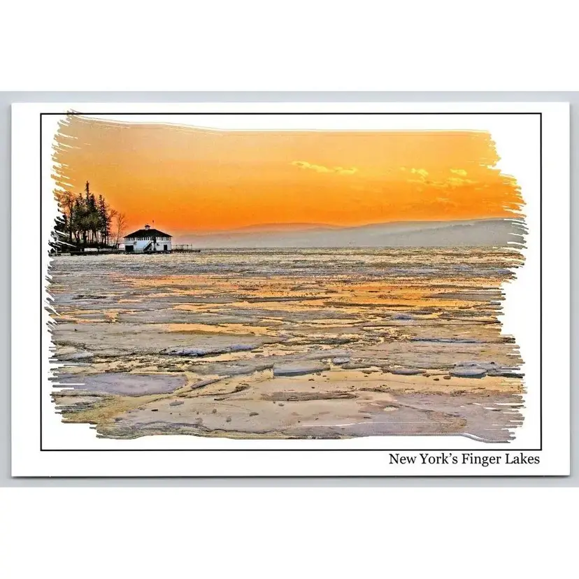 Postcard New York's Finger Lakes Winter Ice Sunset House by Frozen Lake - Dave McCarthy - 12892
