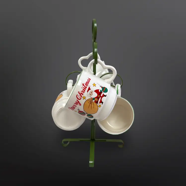 Vintage Set Of 4 Ceramic Merry Christmas Stacking Mugs With Green Metal Mug Tree