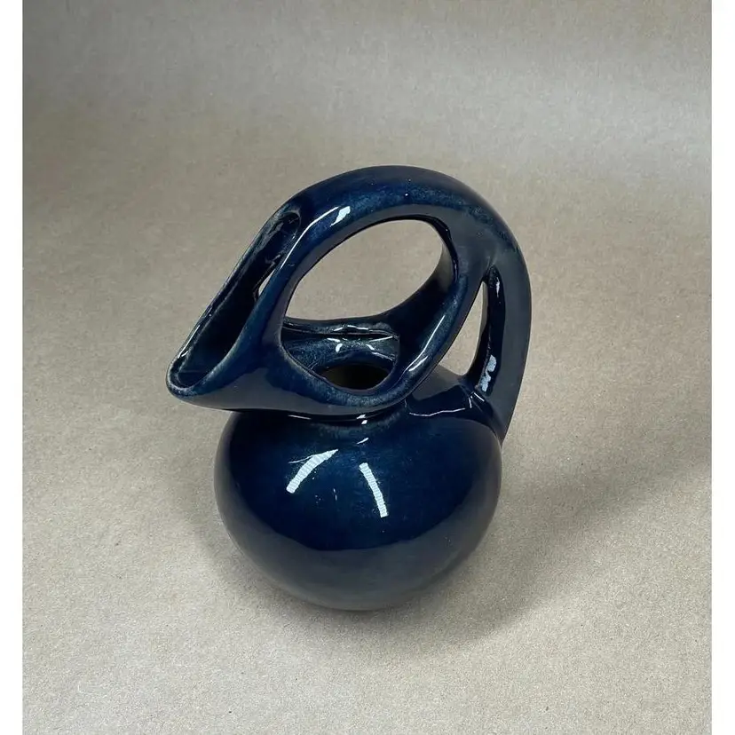 Vintage Signed  Dryden Pottery #94 Design Pitcher Loop Handle Deep Dark Blue Decor