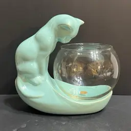 Camark Pottery Vintage Sitting Cat HTF Blue Color with Fish Bowl (Not Original Bowl, 4.75x 6" Bowl Brand Earth Lite Inc) ~Cat 9” x 9.25” x 3.75”