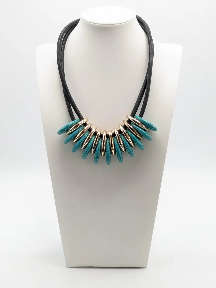 Modern Black Nylon Necklace with Faux Turquoise and Silver Tone Beads