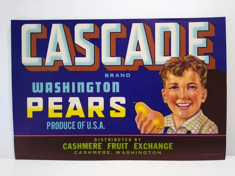 Cascade Pears Fruit Crate Label Young Smiling Boy Original Vintage 1940's
