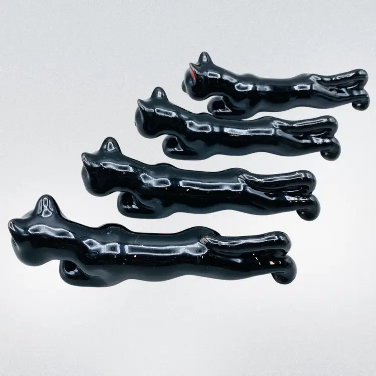 Vintage Red Ware Stalking Black Cats Panthers Yellow Eyes Marked Japan Retro MCM 6” Set 4